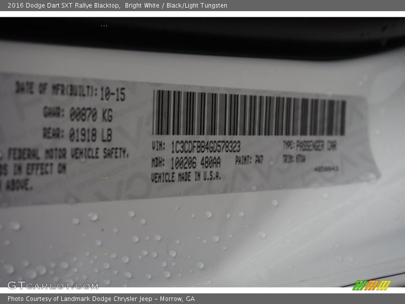 Bright White / Black/Light Tungsten 2016 Dodge Dart SXT Rallye Blacktop
