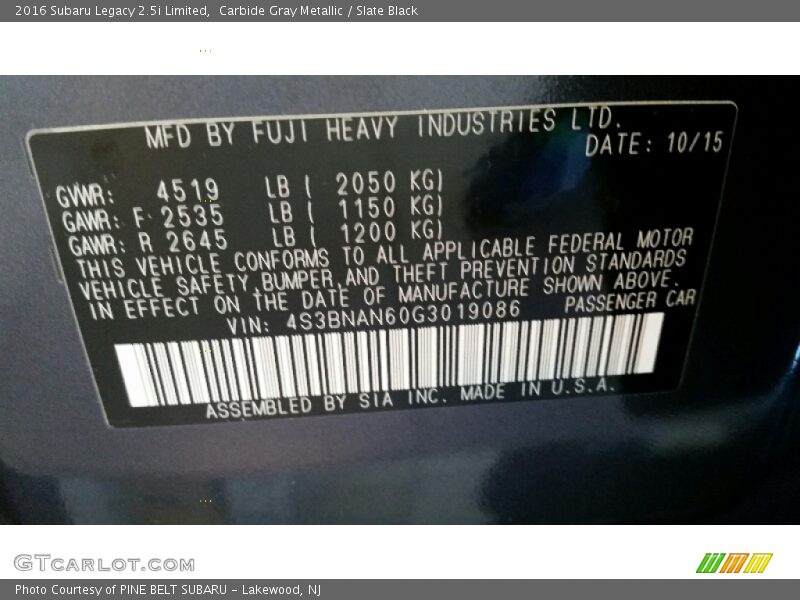 Carbide Gray Metallic / Slate Black 2016 Subaru Legacy 2.5i Limited