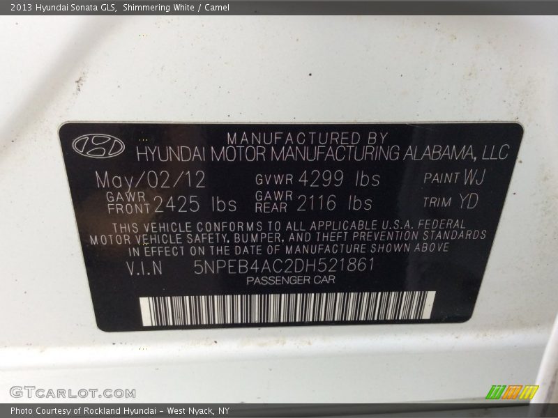 Shimmering White / Camel 2013 Hyundai Sonata GLS