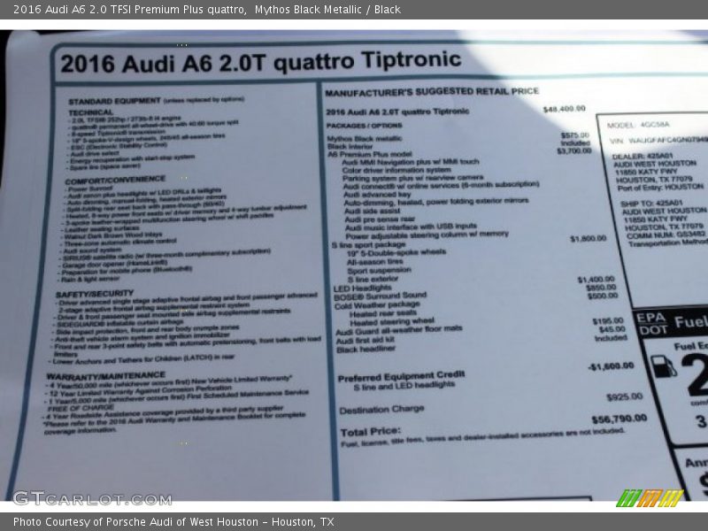 Mythos Black Metallic / Black 2016 Audi A6 2.0 TFSI Premium Plus quattro