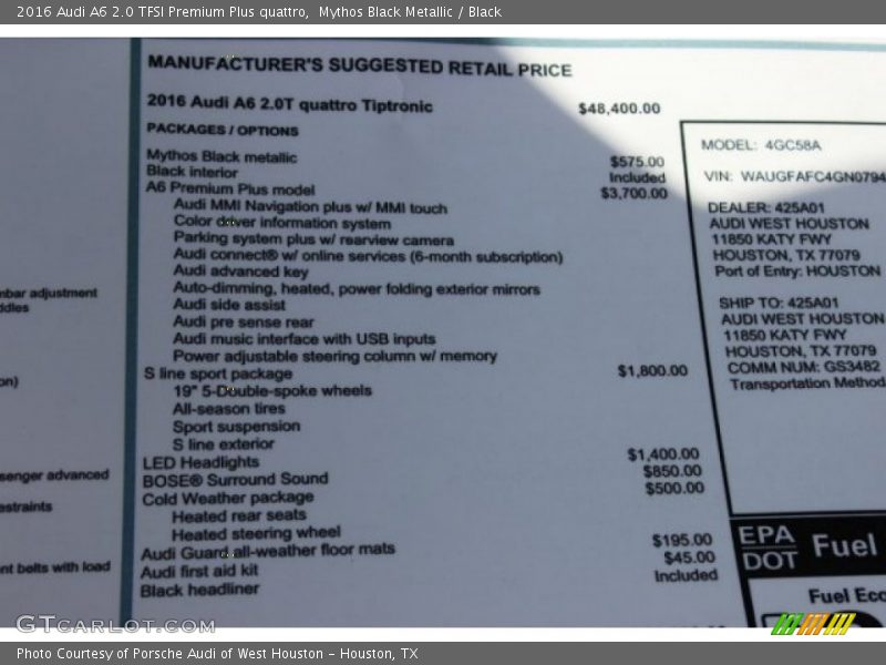 Mythos Black Metallic / Black 2016 Audi A6 2.0 TFSI Premium Plus quattro