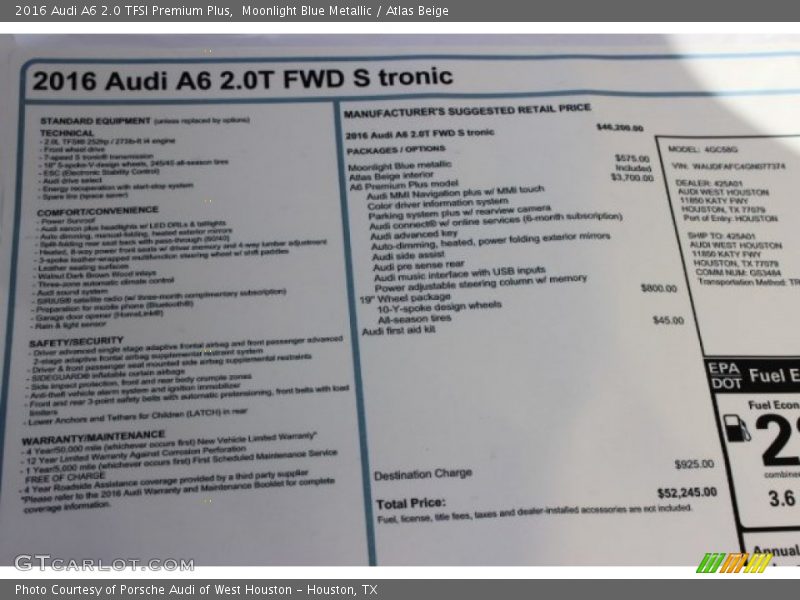 Moonlight Blue Metallic / Atlas Beige 2016 Audi A6 2.0 TFSI Premium Plus
