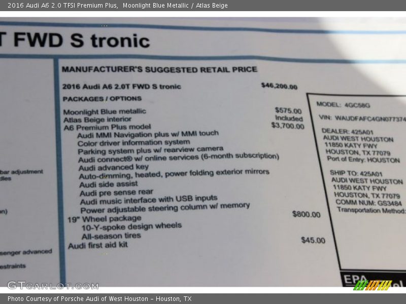  2016 A6 2.0 TFSI Premium Plus Window Sticker