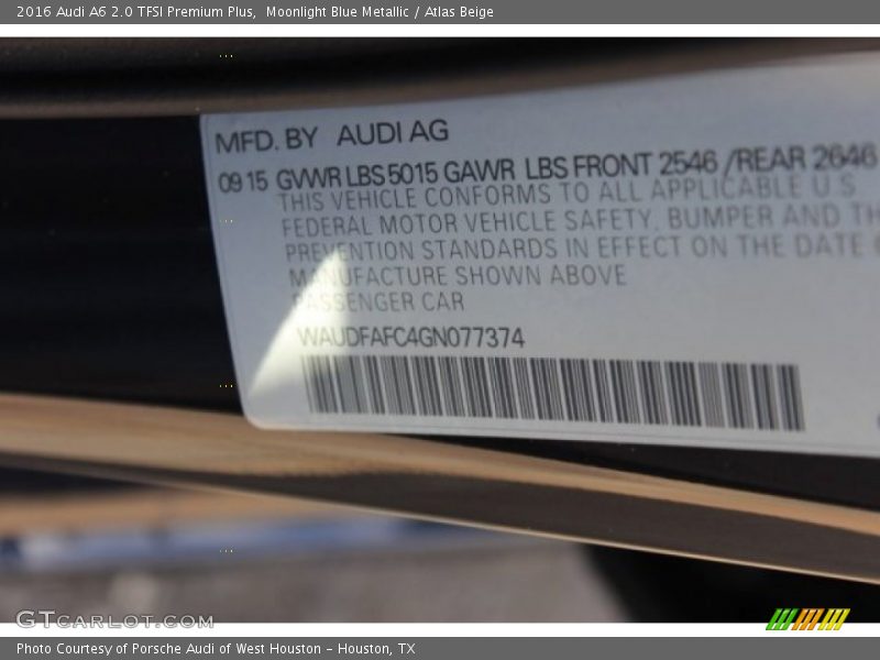 Moonlight Blue Metallic / Atlas Beige 2016 Audi A6 2.0 TFSI Premium Plus