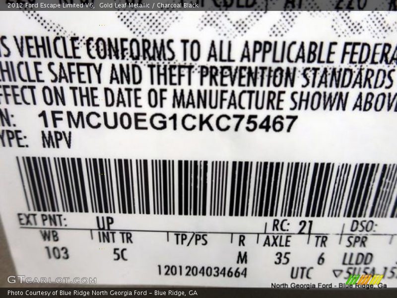 Gold Leaf Metallic / Charcoal Black 2012 Ford Escape Limited V6