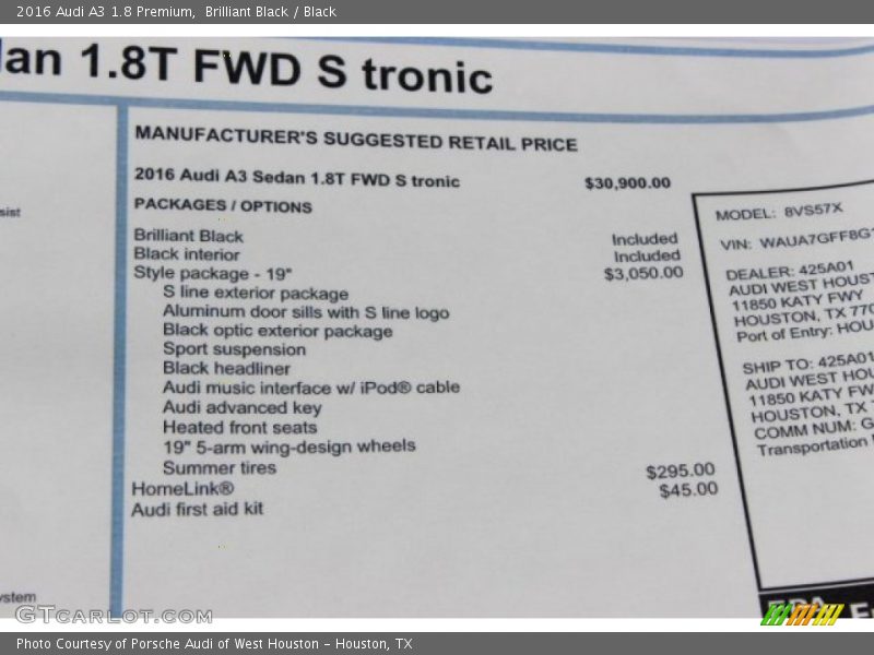 Brilliant Black / Black 2016 Audi A3 1.8 Premium