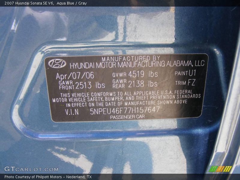 Aqua Blue / Gray 2007 Hyundai Sonata SE V6