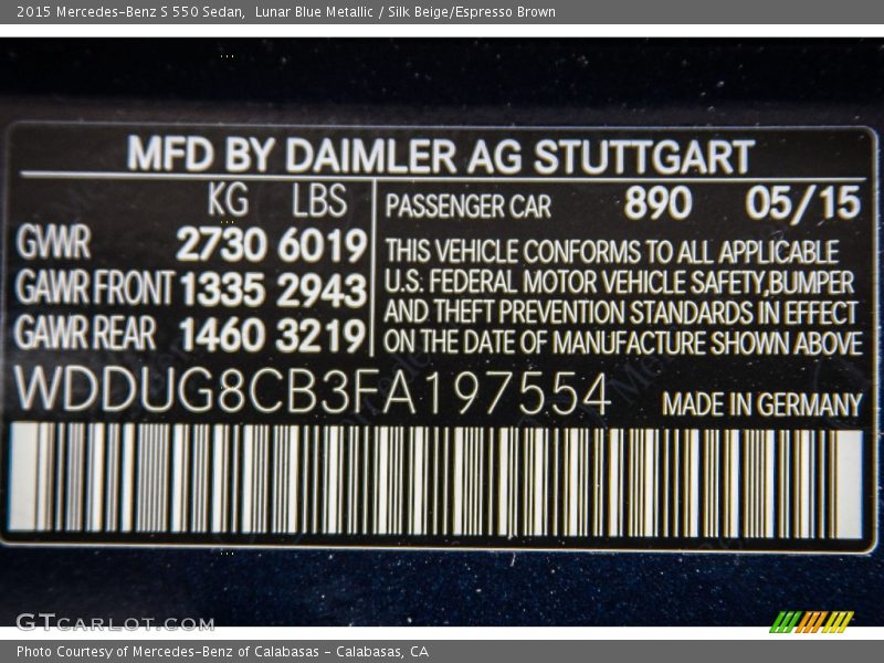 Lunar Blue Metallic / Silk Beige/Espresso Brown 2015 Mercedes-Benz S 550 Sedan