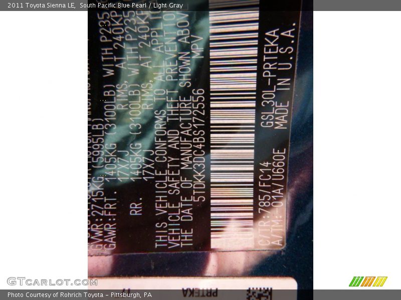 South Pacific Blue Pearl / Light Gray 2011 Toyota Sienna LE
