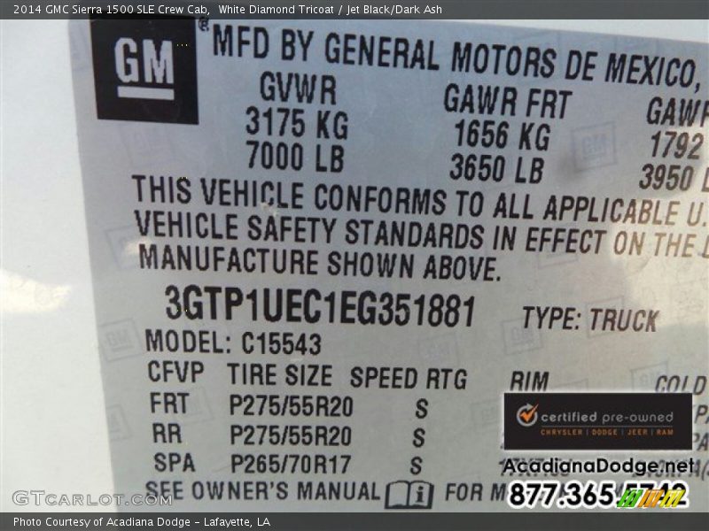 White Diamond Tricoat / Jet Black/Dark Ash 2014 GMC Sierra 1500 SLE Crew Cab