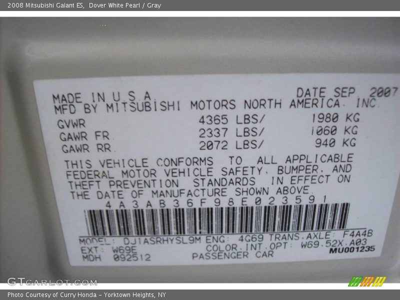 Dover White Pearl / Gray 2008 Mitsubishi Galant ES