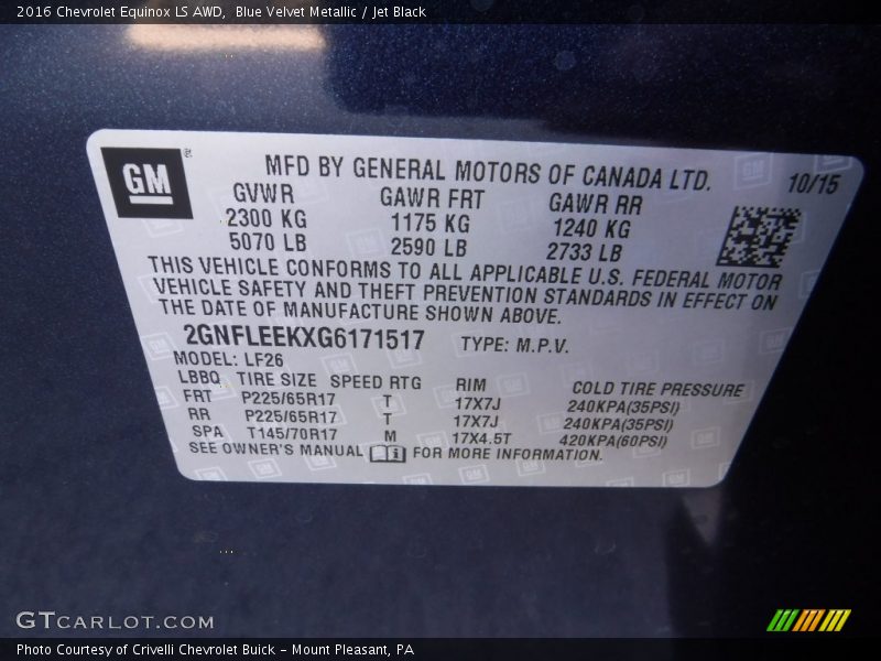 Blue Velvet Metallic / Jet Black 2016 Chevrolet Equinox LS AWD