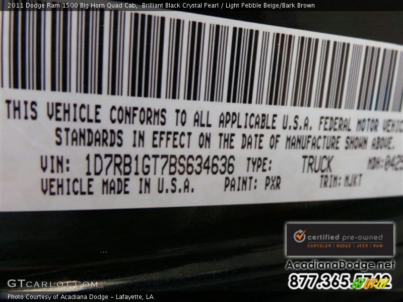 Brilliant Black Crystal Pearl / Light Pebble Beige/Bark Brown 2011 Dodge Ram 1500 Big Horn Quad Cab