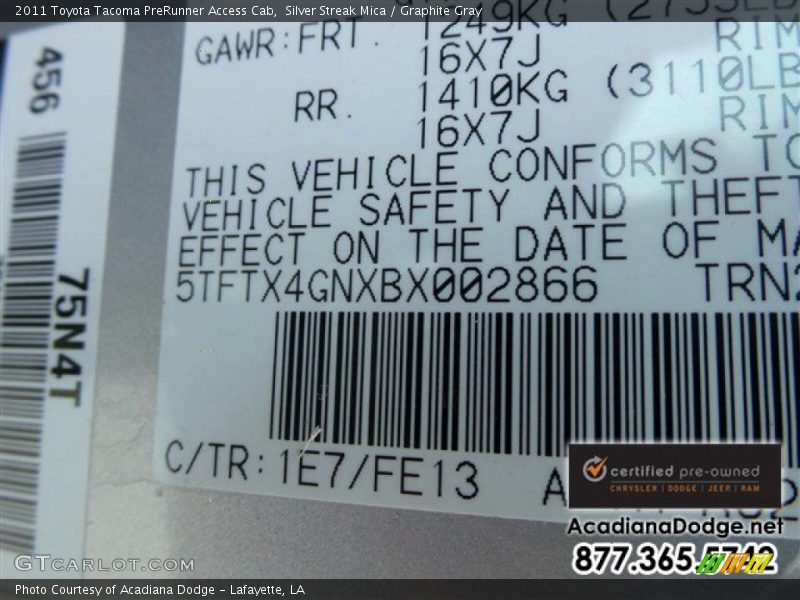 Silver Streak Mica / Graphite Gray 2011 Toyota Tacoma PreRunner Access Cab