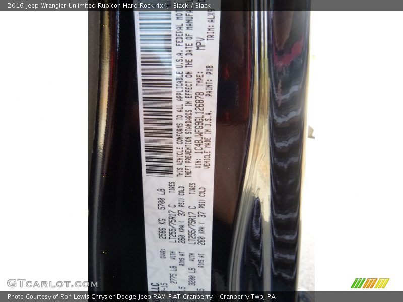 2016 Wrangler Unlimited Rubicon Hard Rock 4x4 Black Color Code PX8