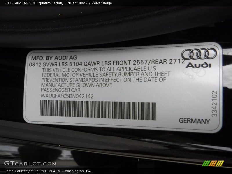 Brilliant Black / Velvet Beige 2013 Audi A6 2.0T quattro Sedan