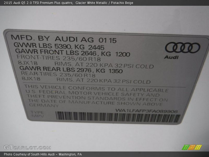 Glacier White Metallic / Pistachio Beige 2015 Audi Q5 2.0 TFSI Premium Plus quattro