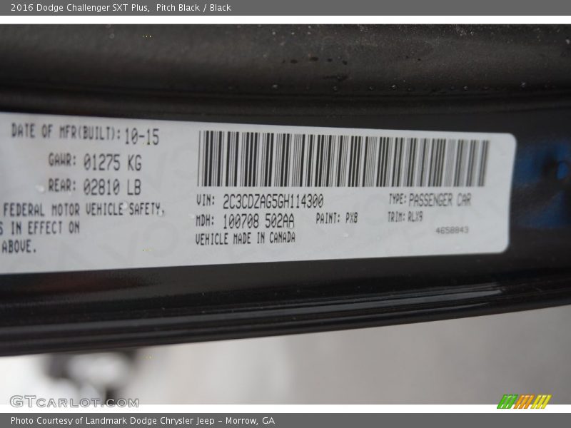 2016 Challenger SXT Plus Pitch Black Color Code PX8
