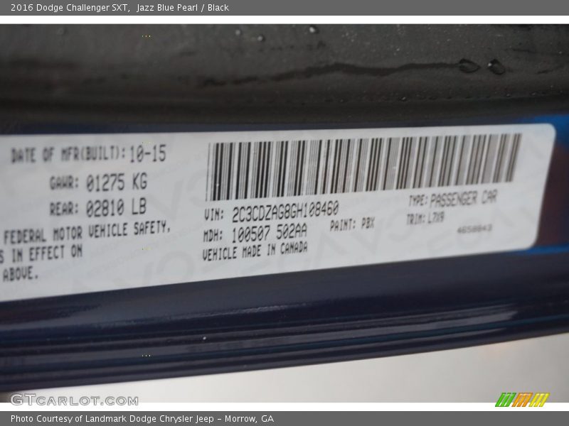 2016 Challenger SXT Jazz Blue Pearl Color Code PBX