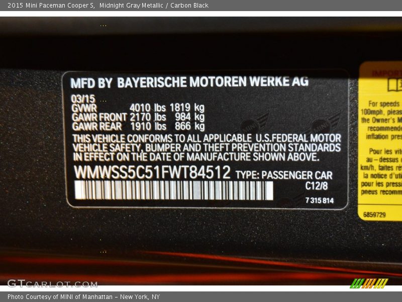 Midnight Gray Metallic / Carbon Black 2015 Mini Paceman Cooper S
