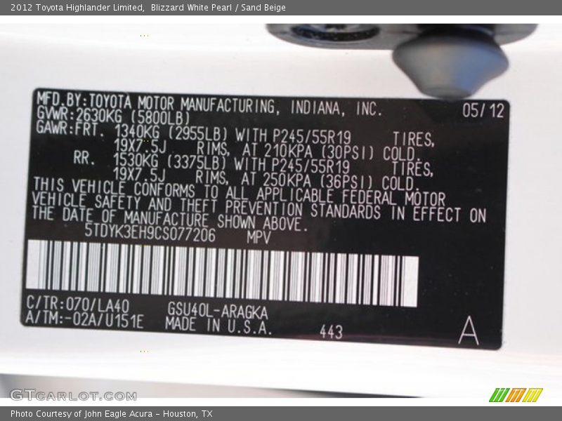 Blizzard White Pearl / Sand Beige 2012 Toyota Highlander Limited