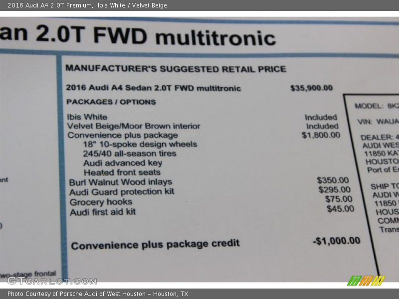 Ibis White / Velvet Beige 2016 Audi A4 2.0T Premium