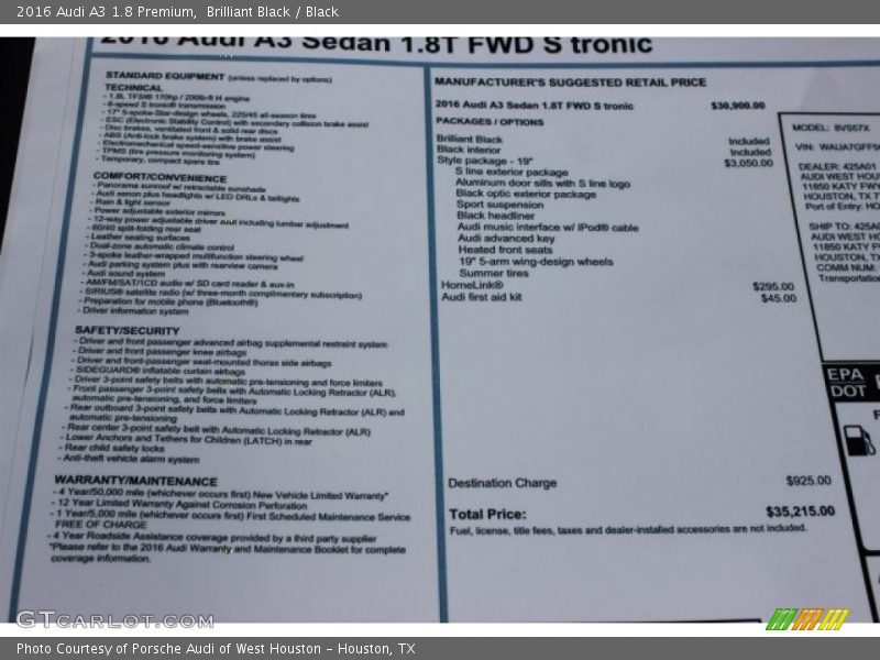 Brilliant Black / Black 2016 Audi A3 1.8 Premium