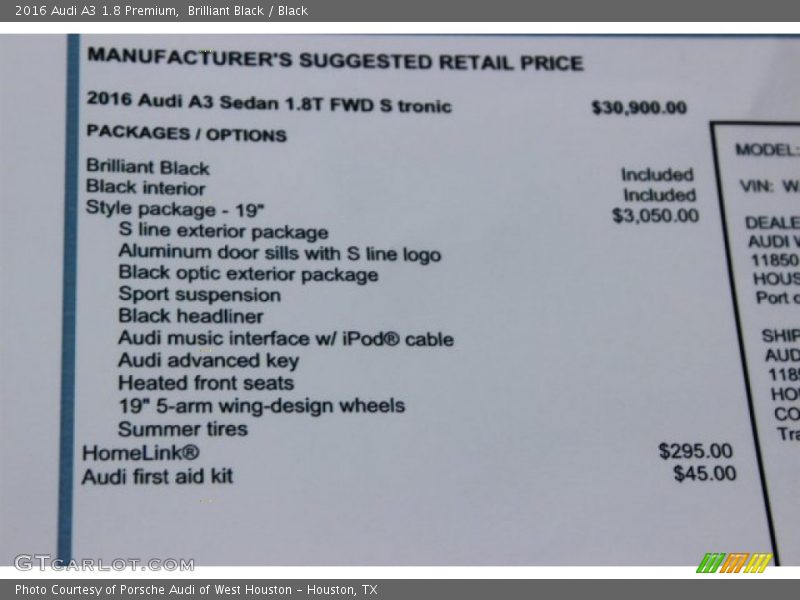 Brilliant Black / Black 2016 Audi A3 1.8 Premium