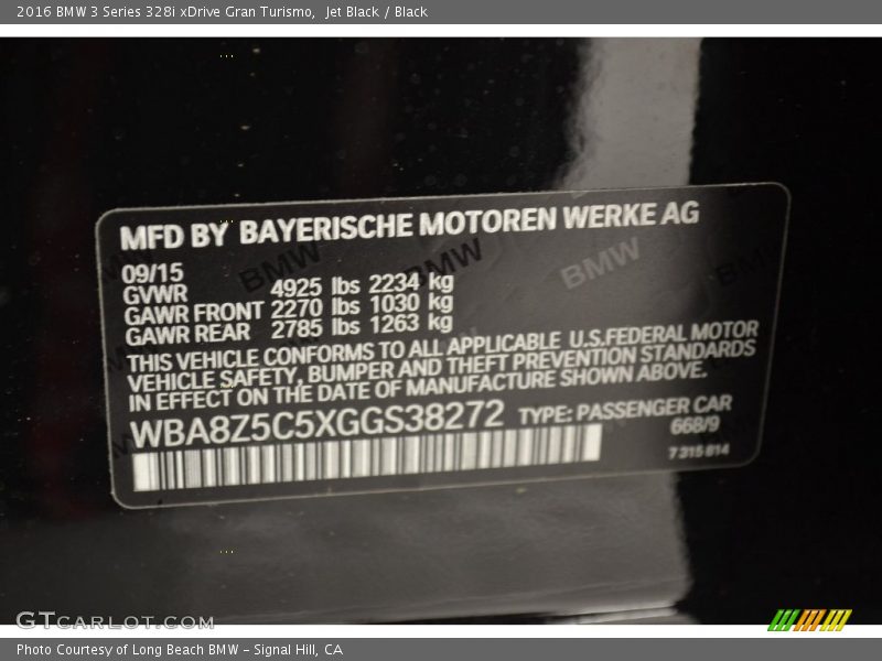 2016 3 Series 328i xDrive Gran Turismo Jet Black Color Code 668