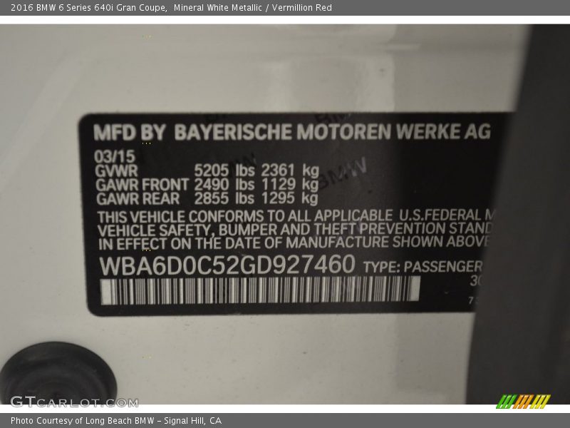 Mineral White Metallic / Vermillion Red 2016 BMW 6 Series 640i Gran Coupe