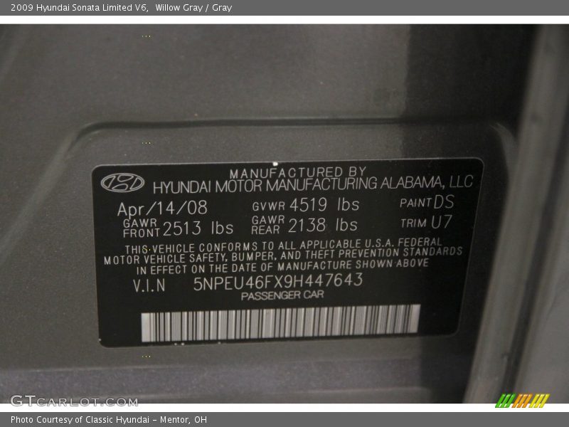Willow Gray / Gray 2009 Hyundai Sonata Limited V6