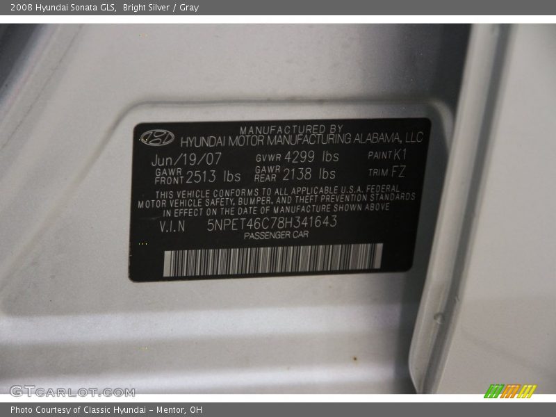 Bright Silver / Gray 2008 Hyundai Sonata GLS
