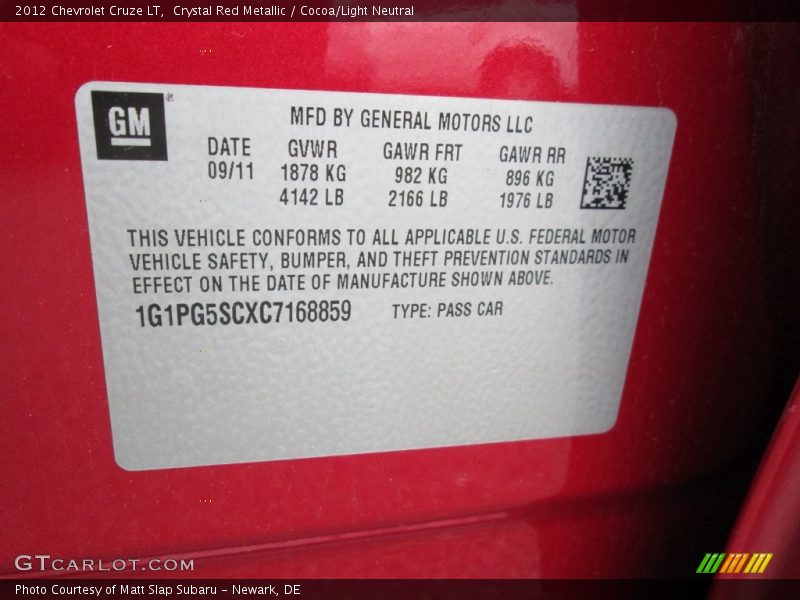 Crystal Red Metallic / Cocoa/Light Neutral 2012 Chevrolet Cruze LT