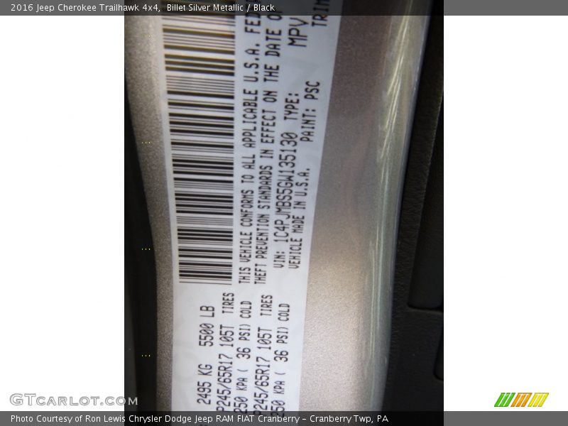 Billet Silver Metallic / Black 2016 Jeep Cherokee Trailhawk 4x4