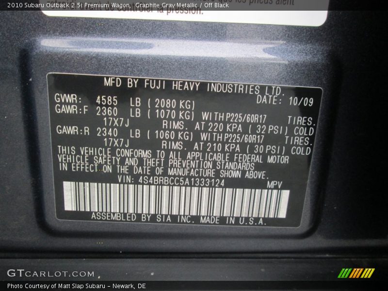 Graphite Gray Metallic / Off Black 2010 Subaru Outback 2.5i Premium Wagon