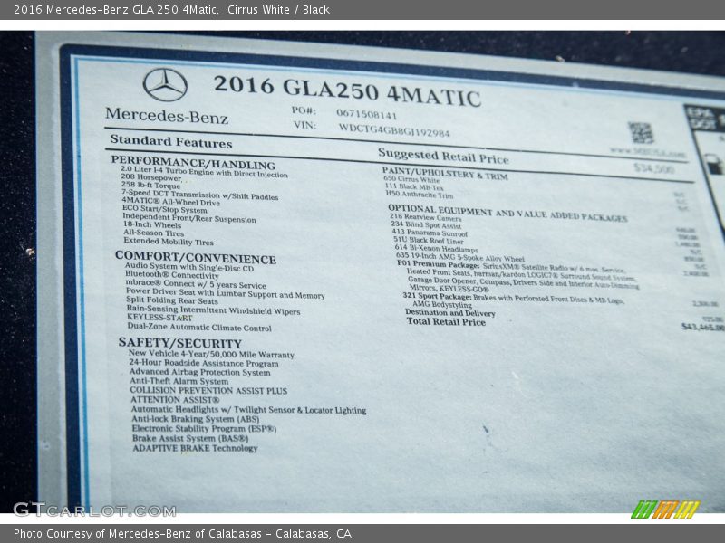  2016 GLA 250 4Matic Window Sticker