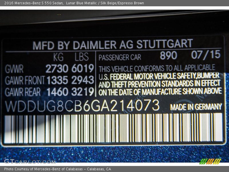 2016 S 550 Sedan Lunar Blue Metallic Color Code 890