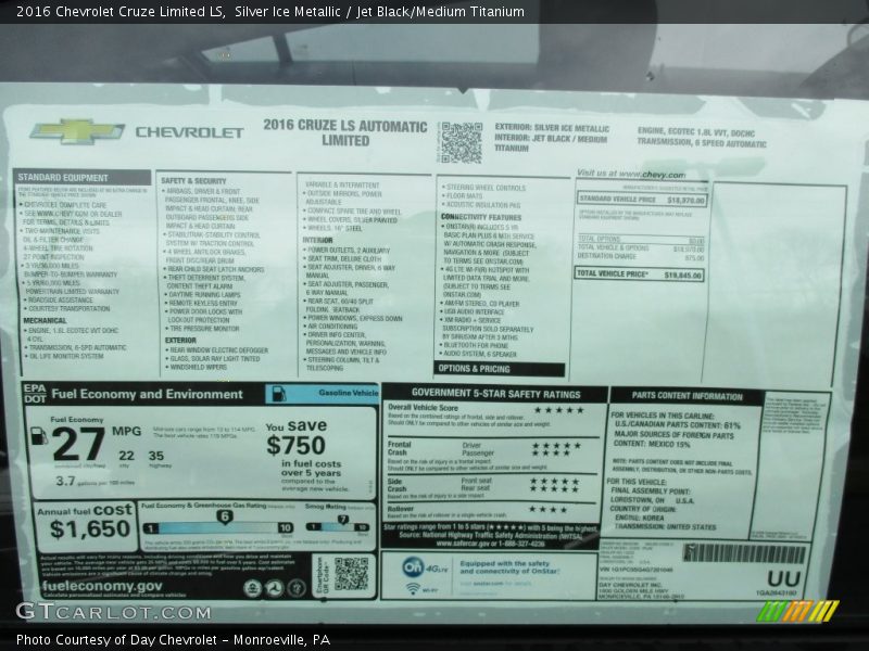 Silver Ice Metallic / Jet Black/Medium Titanium 2016 Chevrolet Cruze Limited LS