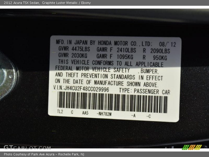 Graphite Luster Metallic / Ebony 2012 Acura TSX Sedan