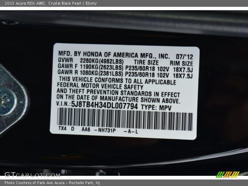 Crystal Black Pearl / Ebony 2013 Acura RDX AWD