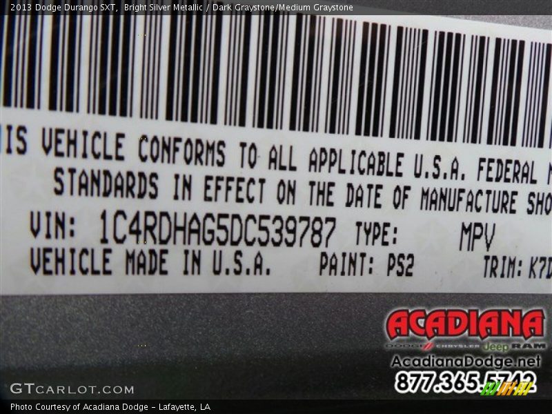 Bright Silver Metallic / Dark Graystone/Medium Graystone 2013 Dodge Durango SXT