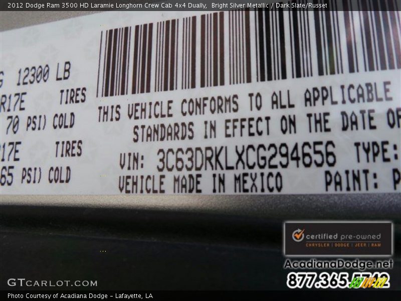Bright Silver Metallic / Dark Slate/Russet 2012 Dodge Ram 3500 HD Laramie Longhorn Crew Cab 4x4 Dually