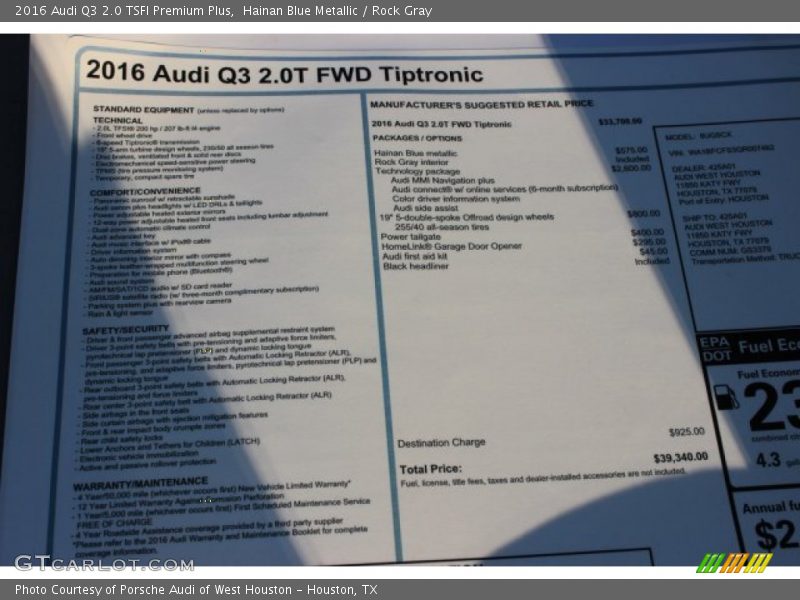  2016 Q3 2.0 TSFI Premium Plus Window Sticker