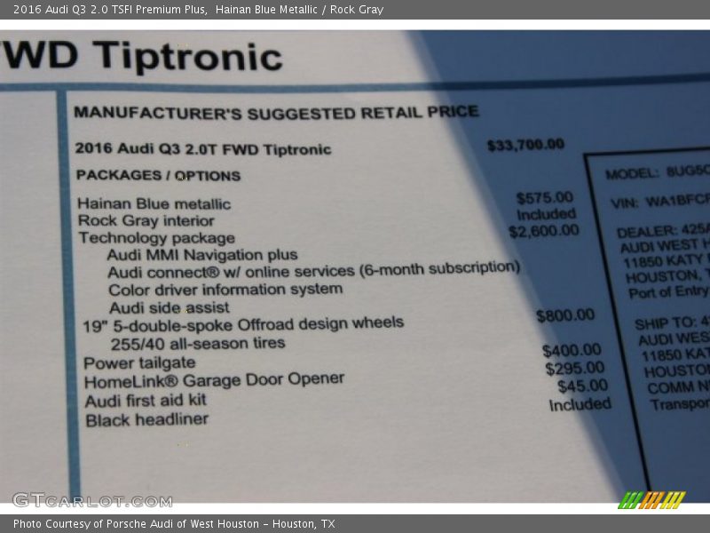 Hainan Blue Metallic / Rock Gray 2016 Audi Q3 2.0 TSFI Premium Plus