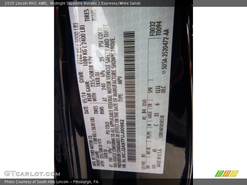 2015 MKC AWD Midnight Sapphire Metallic Color Code N1