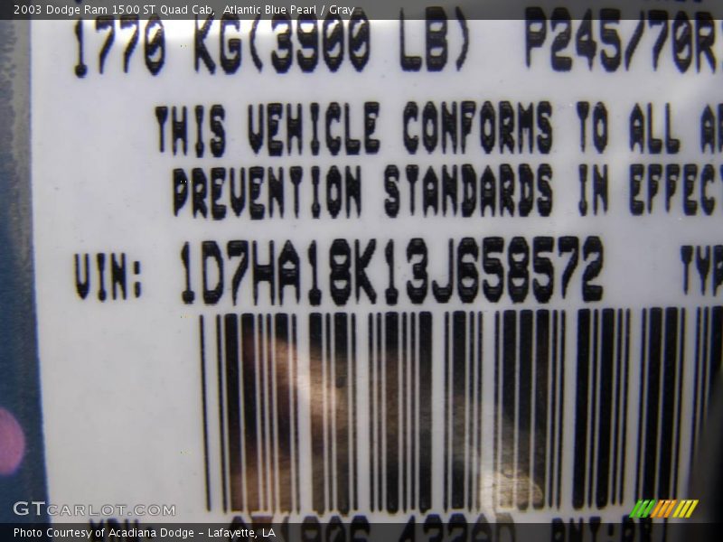 Atlantic Blue Pearl / Gray 2003 Dodge Ram 1500 ST Quad Cab