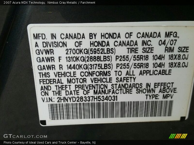 Nimbus Gray Metallic / Parchment 2007 Acura MDX Technology