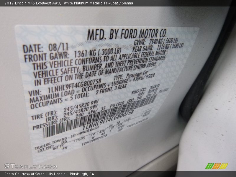 White Platinum Metallic Tri-Coat / Sienna 2012 Lincoln MKS EcoBoost AWD