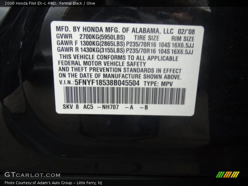 Formal Black / Olive 2008 Honda Pilot EX-L 4WD