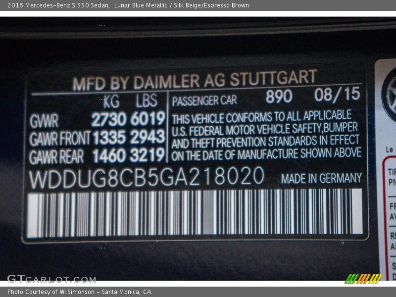 Lunar Blue Metallic / Silk Beige/Espresso Brown 2016 Mercedes-Benz S 550 Sedan